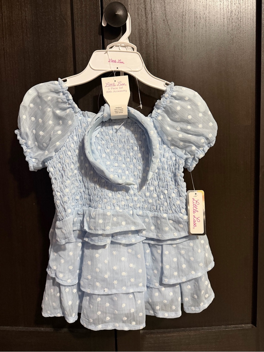 Little Lass Light Blue Swiss Dot Tiered Dress with Headband